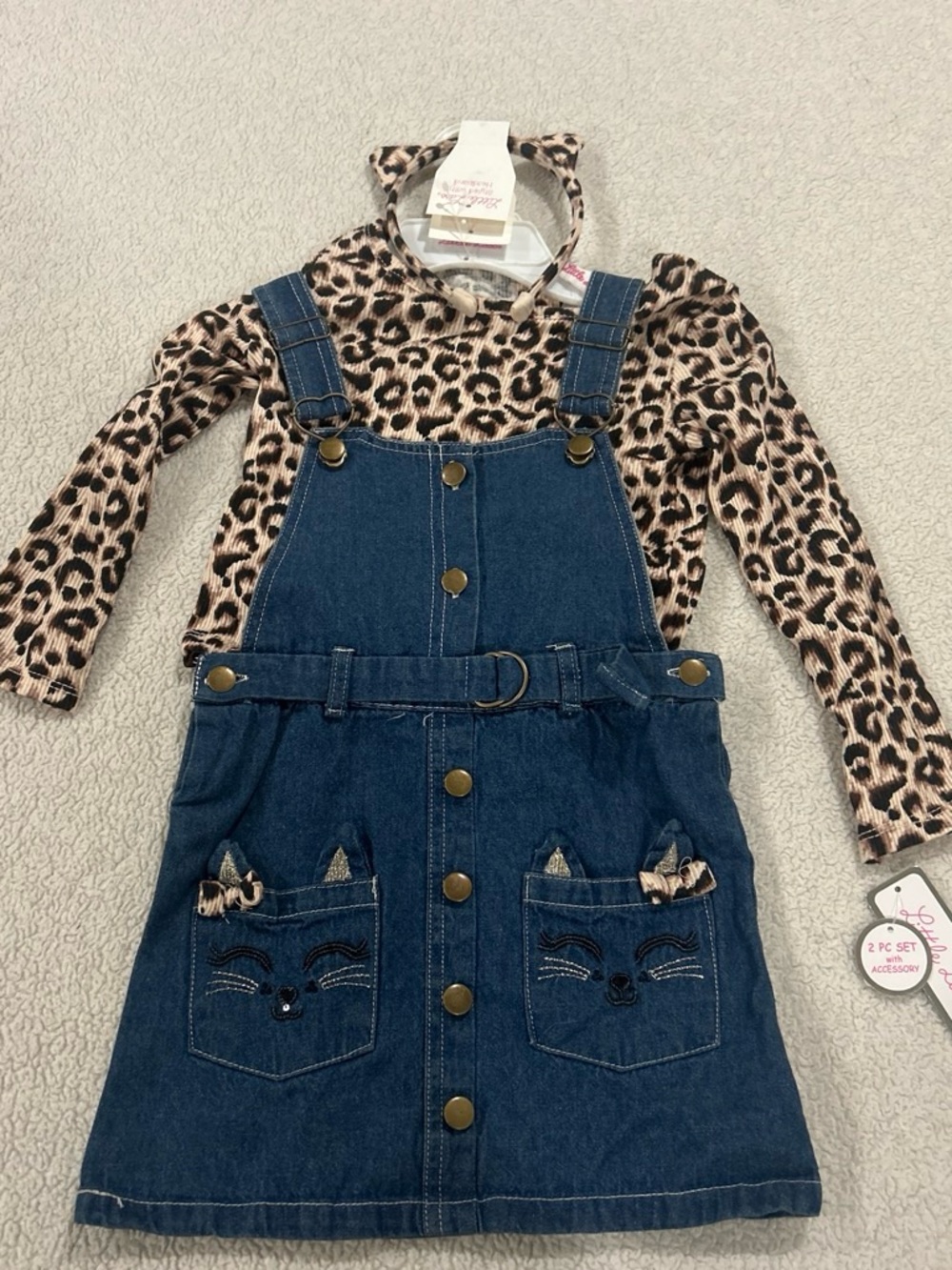 Little Lass Leopard Print Top with Blue Denim Overall Dress